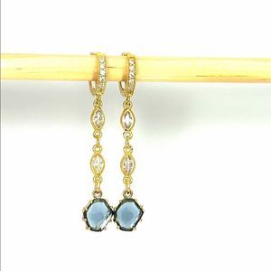 Blue crystal drop earring on gold huggie hoops for women